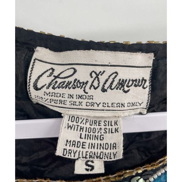 1980s Vintage Chanson D’Amour Sequined Beaded Top Silk Black Floral size Small - Picture 9 of 15